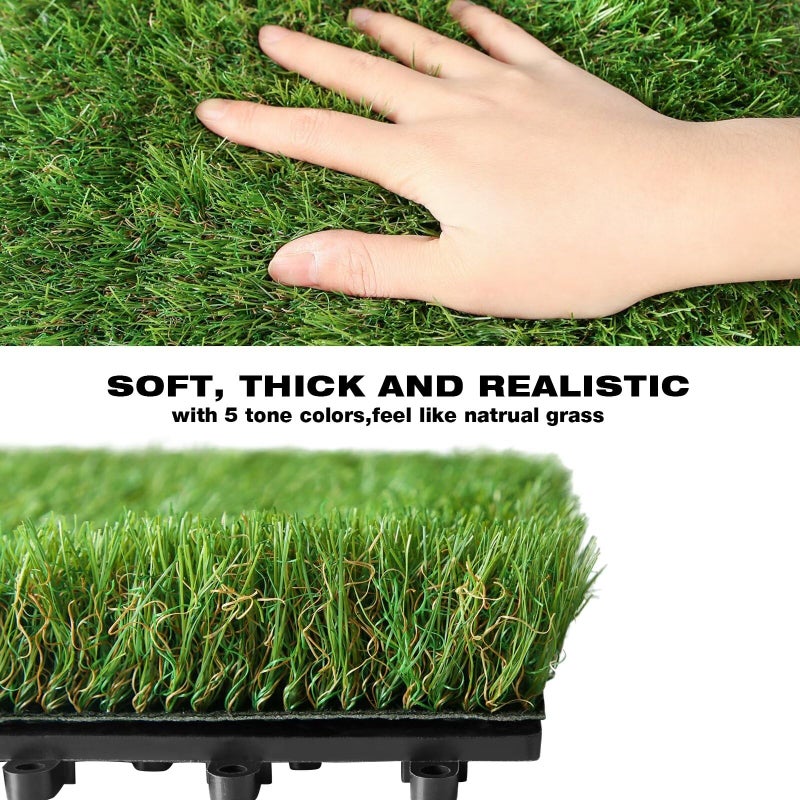 XLX TURF Outdoor Artificial Grass Tiles Interlocking Turf Squares 9 Pack, 12"x12" Fake Grass Mat for Balcony Patio Deck Flooring Decor, Pets Dog Pee Pad, Self-draining 8 Buckle System - Image 2